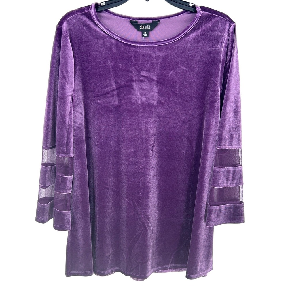 NEW Slim Factor Womens LARGE Purple Velvet Mesh Cutout‎ Sleeve Blouse  Top